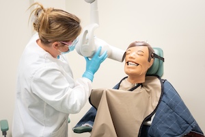 Woman performing a teeth cleaning on dummy.