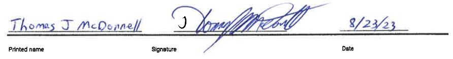 Thomas J Mcdonnell Signature, Signed on August 23rd 2023